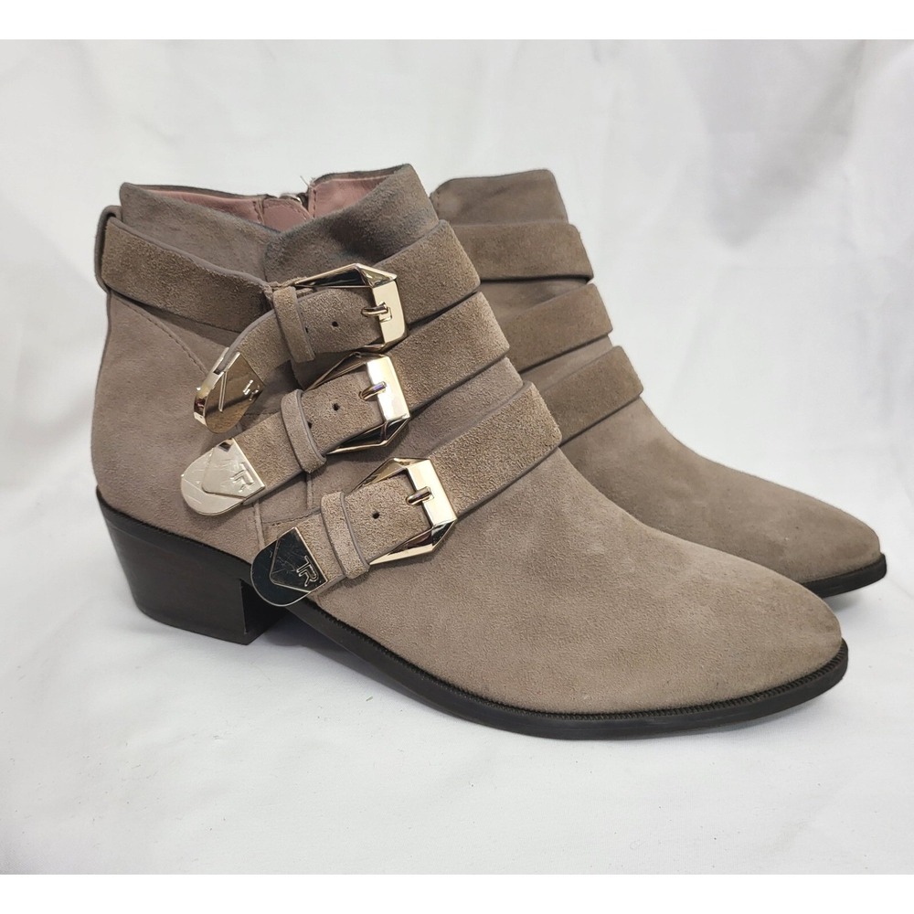 Taryn Rose Womens Samantha Taupe Suede Gold Zipper Buckle Ankle‎ Chic Boots 8M